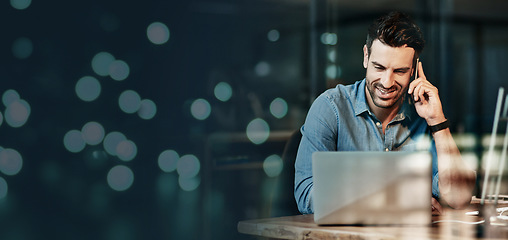 Image showing Phone call, finance and businessman with a laptop for networking, connection and branding of company with mockup space. Banner, planning and employee with pc advertising financial accounting agency