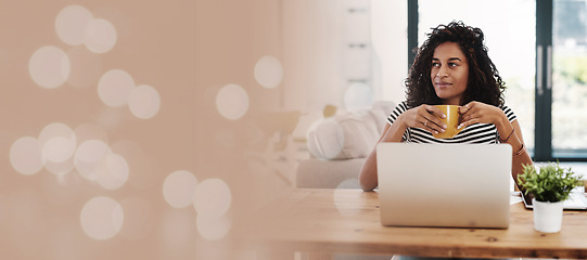 Image showing Laptop, coffee and woman in home office with bokeh, small business and remote work for freelancer on lunch break. Thinking, ideas and happy woman freelance worker at desk in office in living room.