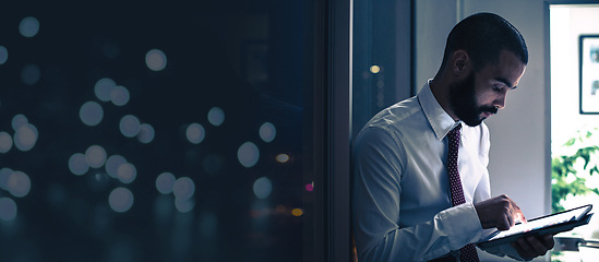 Image showing Finance, planning and businessman with a tablet for research, investment and mobile app with mockup space. Banner, accounting and employee with technology for financial innovation and economy growth