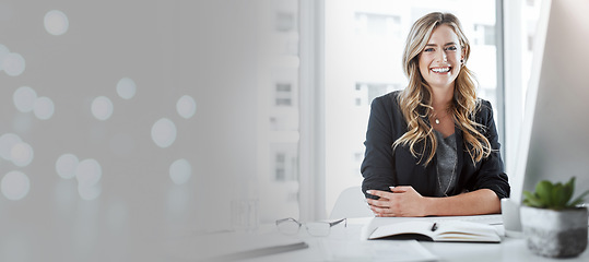 Image showing Business woman, face and smile for management, leadership or skills with bokeh mockup at the office. Portrait of happy female manager, HR or CEO smiling with vision for career ambition with mock up