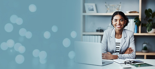 Image showing Business woman, portrait and bokeh banner, mockup and advertising space in Atlanta. Happy black female worker at desk with mock up of stock marketing, financial planning or corporate growth in office