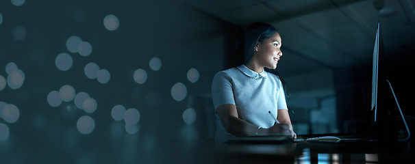 Image showing Mockup, night and overtime with a business woman at work on a deadline in a marketing office for advertising. Computer, design or dedication with a female employee working on a project in the evening