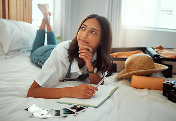 Image showing Thinking, travel luggage and woman with notebook planning global, world or international holiday for summer vacation. Relax, suitcase and photographer girl writing journey destination in home bedroom