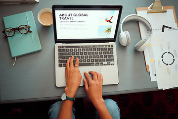 Image showing Travel blog, blogger hands and laptop, website and social network with writer and inspiration for global adventure content. Technology, email and wifi with writing motivation and online top view.