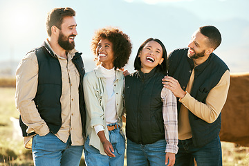 Image showing Travel, adventure and couple of friends in countryside enjoying holiday, vacation and weekend getaway on farm. Friendship, freedom and men and women laughing, relax and smile with cows in nature