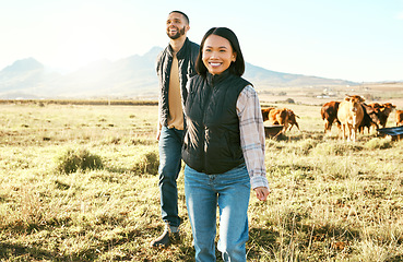 Image showing Farm, agriculture and cattle with a couple walking on a field or meadow together for beef of dairy farming. Cow, sustainability and teamwork with a man and woman farmer bonding while working outdoor