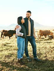 Image showing Nature, summer and couple in field with cows, happy dairy farmer on grass with animals. Sustainability, farming and man with woman and smile at animal farm, happiness and grazing livestock in summer.