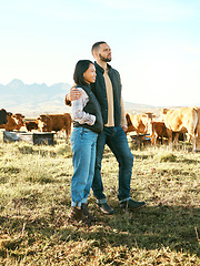 Image showing Couple, farm and hug in countryside travel, trip or holiday destination with live stock in natural agriculture. Man holding woman in relationship, traveling or enjoying getaway in nature with animals