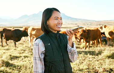 Image showing Asian woman, farm and phone with smile for communication, travel or conversation in the countryside. Happy Japanese woman smiling on farming trip on call or speaker on smartphone for agriculture