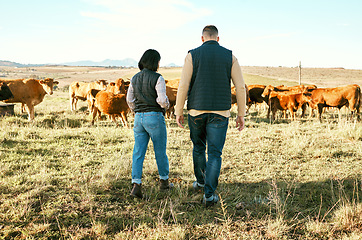 Image showing Cow, countryside or couple on agriculture farm harvesting healthy organic livestock for growth sustainability. Back view, partnership or woman farming cows or cattle with farmer on natural grass land