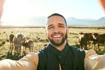 Image showing Man, farm and portrait smile for selfie in the countryside with live stock, cows or production for agriculture growth. Happy male farmer smiling for travel, farming or photo in nature with animals