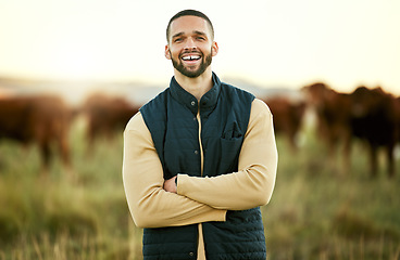 Image showing Smile, cow and agriculture with man on farm for sustainability, production and cattle. Livestock, arms crossed and management with portrait of farmer on countryside field for dairy, animals and care