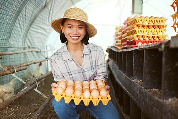 Image showing Chicken eggs, woman and portrait of farmer with tray of fresh, organic and healthy protein of animal coop in Japan. Poultry farming, sustainable production and food economy in eco friendly hen house