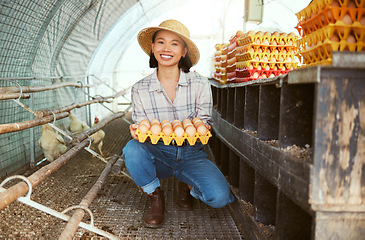 Image showing Asian woman, chicken eggs or tray for farming sales, agriculture export or sustainability growth success. Portrait, smile or happy poultry farmer and dairy product, protein bird stock or healthy food