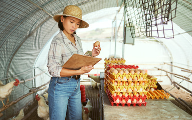 Image showing Woman, clipboard or chicken eggs on farm export sales, stock management or import order review. Asian farmer, poultry or bird product for sustainability agriculture paper or countryside dairy farming