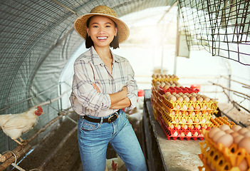 Image showing Chicken, eggs and agriculture with asian woman on farm for sustainability, free range or food. Organic, livestock and poultry with portrait of girl farmer in hangar for production, market and farming