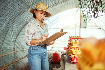 Image showing Farmer, clipboard writing or chicken eggs management for export sales, healthy food industry or delivery checklist. Asian woman, farming coop or poultry farm production with logistics paper documents