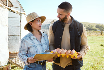 Image showing Farmer, man and woman for egg inspection, agriculture or production at poultry farm in countryside. Farming team, chicken product or quality assurance process for health, wellness and protein of eggs