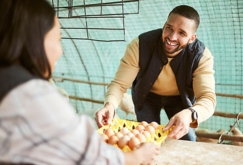 Image showing Man, woman or chicken eggs sale on agriculture farm, sustainability environment or countryside small business. Smile, happy customer or poultry farmer worker with bird protein product or healthy food