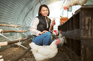 Image showing Chicken eggs, woman and farmer check barn for agriculture inspection, quality control or eco bird production. Poultry farming, sustainable production and hen house for food economy in animal industry