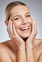Image showing Skincare, beauty and woman in studio portrait for cosmetics, makeup and facial wellness with hands for manicure, luxury and spa. Face of a happy woman model with dermatology skin care and health