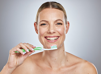 Image showing Dental, brushing teeth and smile with portrait of woman for beauty, whitening and morning routine. Cleaning, oral hygiene and fluoride with face of model and toothpaste for health and tooth care