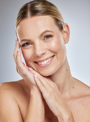 Image showing Skincare, smile and woman in studio portrait for beauty, aesthetic and cosmetics results with hands for spa, luxury and self love. Face of a beauty model with skin care glow, shine and natural makeup