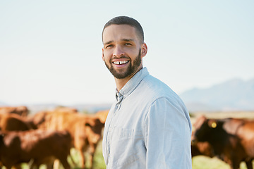 Image showing Cows, farm and black man portrait happy about cattle agriculture, farming and nature in summer. Grass field, ecology industry and businessman checking animal meat production with a smile outdoor