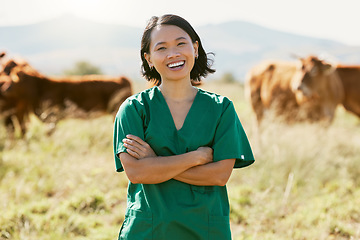 Image showing Woman, vet or arms crossed on cow farm, dairy agriculture field or beef produce countryside in wellness goals or vaccine innovation. Portrait, smile or happy animal doctor in bovine cattle healthcare
