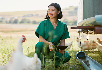 Image showing Woman, veterinary worker or tablet on chicken farm in medical research, hormone medicine study or healthcare wellness check. Smile, happy or asian animal doctor on 5g technology for bird flu control