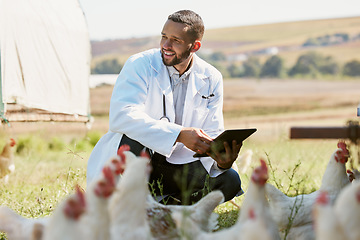 Image showing Man, veterinary or tablet on chicken farm in healthcare wellness check, growth hormone management or bird flu help. Smile, happy or animal doctor with poultry birds, technology for research insurance