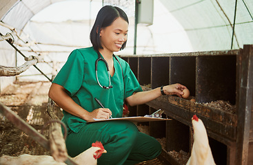 Image showing Chicken, writing and documents with an asian woman vet checking eggs in a coup on a farm for sustainability. Food, medical and checklist with a female veterinarian working in a henhouse for care