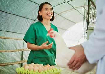 Image showing Woman, chicken eggs or farming customer on countryside agriculture, sustainability environment or industry coop. Happy smile, talking poultry farmer or man in production sales deal or retail export