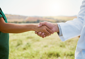 Image showing Farm, handshake and b2b partnership deal for sustainability, agriculture and industry innovation in nature. Farmer, shaking hands and men meeting for collaboration on green business, startup and idea