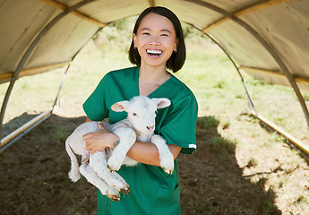 Image showing Portrait, vet and animal on farm for livestock inspection, animal care and environment check up in countryside. Agriculture, veterinarian and woman with a lamb for farming check up, happy and smile