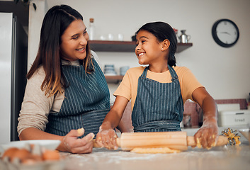 Image showing Family, mother and girl learning baking in kitchen, bonding and having fun. Food, cooking education and mom teaching chef kid how to bake delicious pastry, smiling and enjoying quality time together.