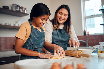 Image showing Baking, family and love with a daughter and mother teaching a girl about cooking baked goods in a kitchen. Food, children and learning with an indian woman and girl together in their home to bake