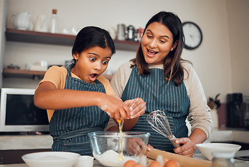 Image showing Family, cooking breakfast and child learning in kitchen for chef training, development support and food teamwork in home. Mother, girl and baking for love, quality time or bonding to prepare recipe