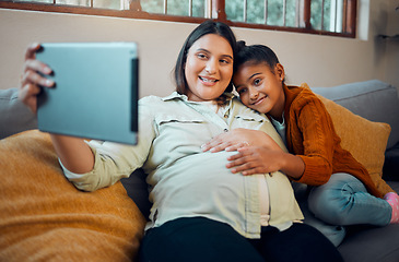 Image showing Pregnant mother, girl or tablet on video call on sofa in house or home living room in lockdown communication, social media or selfie. Smile, happy or pregnant mom and bonding child on zoom technology