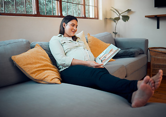 Image showing Pregnancy, reading and woman with a book on the sofa for her baby, relax and peace in the living room of a house. Education, calm and happy pregnant mother with a story for her unborn child on couch