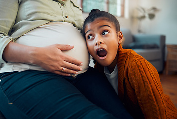 Image showing Pregnancy, family and girl with ear to pregnant belly with wow, shock and surprise expression on face. Love, family home and excited child with pregnant mother listening to baby heartbeat on stomach