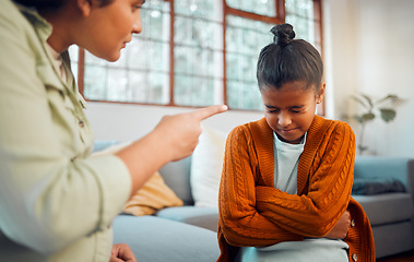 Image showing Fight, discipline and upset with child and mother scolding for disappointed, behaviour problems and punishment. Communication, angry and frustrated with mom and daughter. in family home for conflict