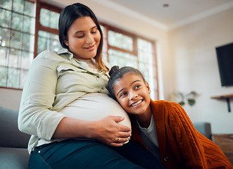 Image showing Love, home and pregnant mother with child listening to movement of baby in belly with happy smile. Family home, pregnancy and mom relaxing with excited, young and curious daughter on sofa.