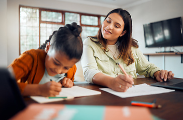 Image showing Education, mother and remote work with child, help with school and teaching with learning, student and homework at family home. Girl writing, notebook and scholarship, learn with freelance woman