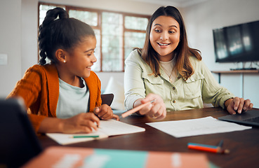 Image showing Education, home school and homework with a student girl and mother learning at a table in their house. Family, writing and kids with a woman and female child reading for growth or development