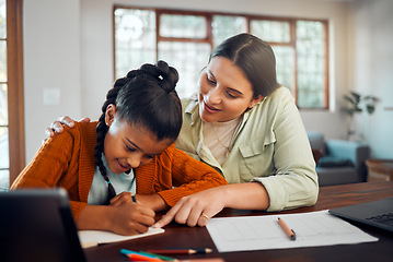 Image showing Learning, teaching and mother with child for writing, language and translation education, knowledge and development. Mom support or help girl kid for home school, study and creative growth at a table