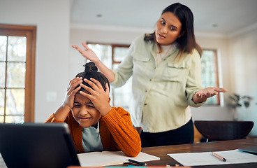 Image showing Education, fail and children with a student girl and indian woman looking confused or in doubt while distance learning. Autism, student or internet with a female pupil elearning at home with a parent