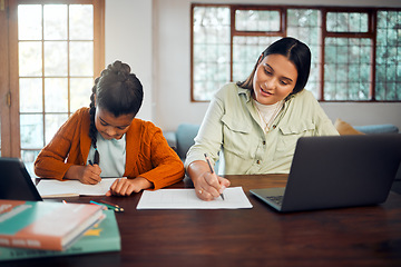 Image showing Help, education and homework with girl and mother writing for work from home, support and education. Laptop, virtual and remote learning with student and mom for development, home school and online