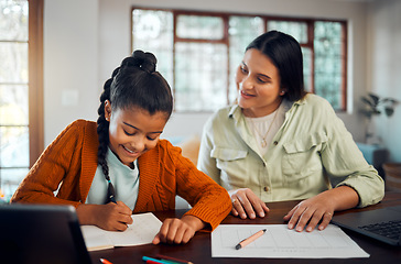 Image showing Math, education and girl with mother learning multiplication in home. Home school, homework and mom helping to teach child mathematics, numbers and studying while writing in book at desk in house.