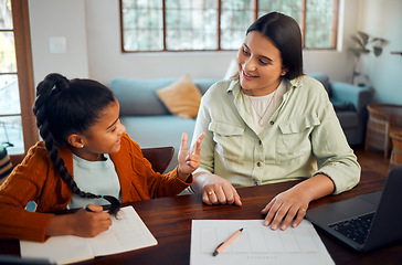 Image showing Education, laptop and writing by girl and mother on laptop for distance learning, homework or homeschool. Learning, student and parent help child online assignment, project or study in living room